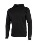 A black long-sleeve Nike hoodie with a subtle texture and a small white swoosh on the left sleeve near the cuff, shown on a plain white background.