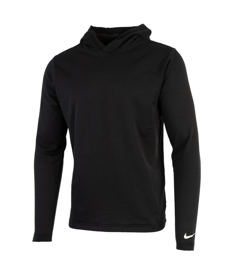 A black long-sleeve Nike hoodie with a subtle texture and a small white swoosh on the left sleeve near the cuff, shown on a plain white background.