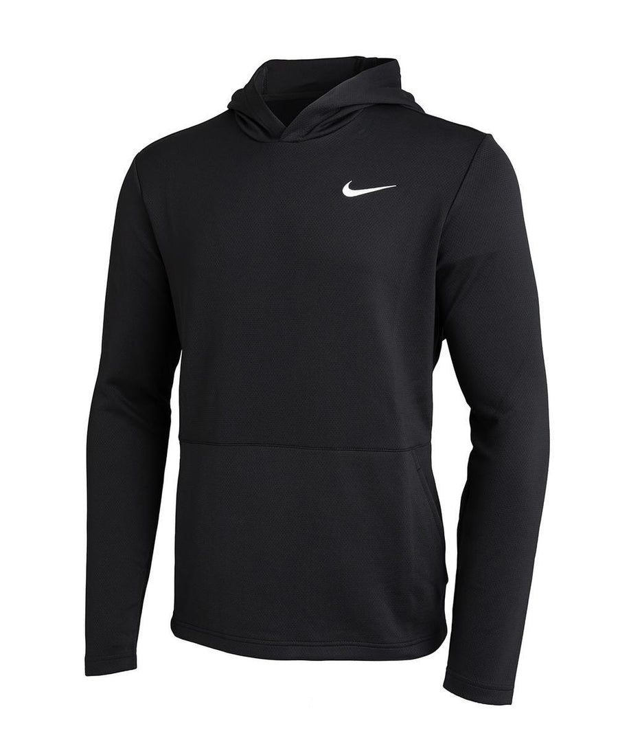 A black long-sleeve Nike hoodie top featuring a white Nike swoosh logo on the left chest, displayed against a plain white background.