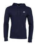 A navy blue hoodie sweatshirt with long sleeves, front drawstrings, and a small white Nike logo on the left chest displayed on a plain white background.