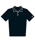 Minimalist graphic of a black short-sleeve polo shirt featuring a collar, three buttons, and a small white swoosh logo on the left sleeve.