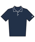 Illustration of a short-sleeve navy blue polo shirt with a collar, three buttons, white trim on the collar and buttons, and a small white swoosh logo on the left sleeve.