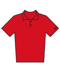 Illustration of a short-sleeved red polo shirt featuring a collar, two buttons, and a small black swoosh logo on the left sleeve.