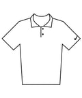 Line drawing of polo shirts featuring short sleeves, a collared neckline, two buttons, and a small tick logo on the left sleeve.