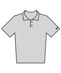 Simple illustration of a grey polo short-sleeve shirt featuring a collar, three front buttons, and a small black swoosh logo on the left sleeve.