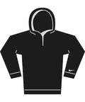 Simple illustration of a black hoodie sweatshirt featuring long sleeves, a front zip, and a small white swoosh logo on the left sleeve near the wrist.