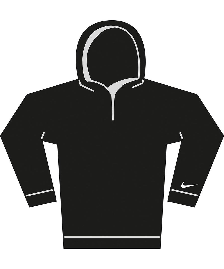 Simple illustration of a black hoodie sweatshirt featuring long sleeves, a front zip, and a small white swoosh logo on the left sleeve near the wrist.