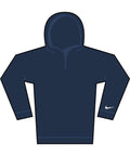 Illustration of a plain navy blue hoodie sweatshirt with long sleeves. Features a small white Nike swoosh logo on the left sleeve, and has no visible drawcords or front pocket.