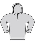 Simple illustration of a light grey Hoodies sweatshirt featuring long sleeves, a front pocket, black Nike logos on each sleeve cuff, and a hood with a darker grey interior.