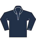 Illustration of the Sports Overtops: a long-sleeve, navy blue pullover with a stand-up collar, short V-neck opening, and a small white Nike swoosh on the left sleeve cuff.