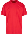 A T-shirt product in plain red, short-sleeved style with a crew neckline, made from smooth, lightweight fabric, is displayed against a white background.