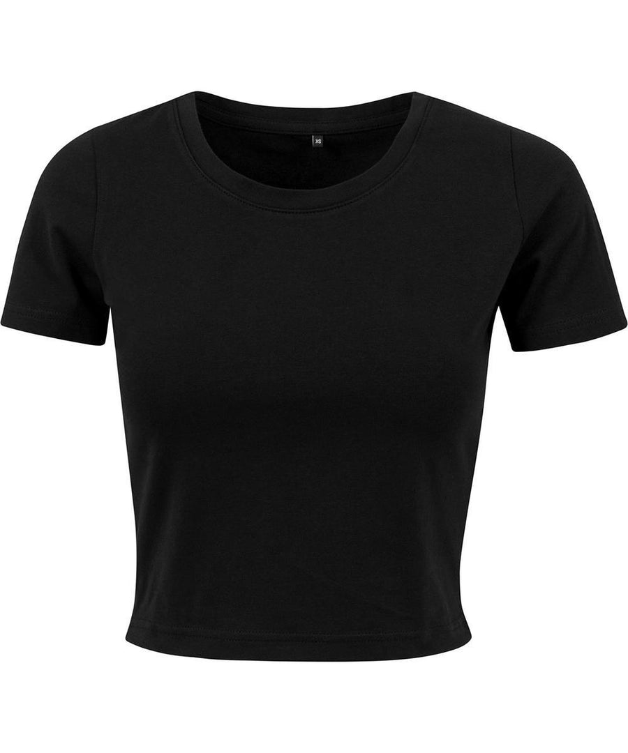 A fitted, plain black crop top with short sleeves and a crew neck is shown against a white background. The shirt is part of the T-Shirts collection and features no visible designs or logos.