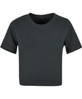 A solid black short-sleeve T-shirt crop top with a round neckline, displayed flat on a white background.