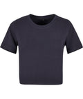 A plain, short-sleeved navy blue cropped T-shirt with a crew neckline and no visible logos or designs is displayed against a white background.
