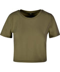 An olive green, short-sleeved T-shirt crop top with a round neckline is displayed against a white background.