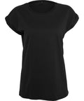A black T-shirt short-sleeve top with a round neckline and rolled sleeves is displayed against a white background.