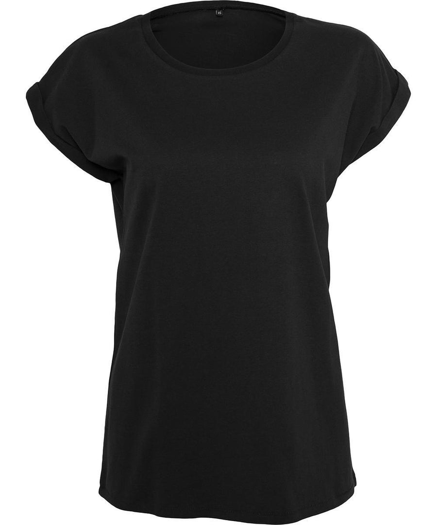 A black T-shirt short-sleeve top with a round neckline and rolled sleeves is displayed against a white background.