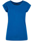 A plain royal blue T-shirt short-sleeved tee is displayed on a white background, featuring slightly rolled-up sleeves and a round neckline with no visible logos, patterns, or decorations.