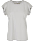 A light grey, short-sleeve T-shirts with rolled cuffs, round neckline, and loose fit is displayed against a white background.