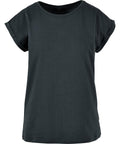 A loose-fit, dark grey T-shirt short-sleeve with rolled cuffs and a round neckline is displayed on a white background.
