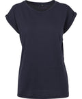 A dark navy blue, short-sleeved T-shirt with a round neckline and rolled-up sleeves is shown against a white background.