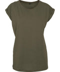 A relaxed fit olive green T-shirts with short sleeves, rolled cuffs, and a round neckline, shown against a white background.
