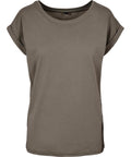 A T-shirts product in olive green with short sleeves, rolled cuffs, and a round neckline is shown on a white background.