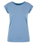 A T-shirts product in plain light blue with short sleeves and a round neckline is shown against a white background. The sleeves are slightly rolled for added style.