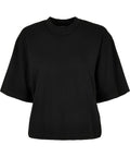 A relaxed-fit, plain black T-shirts with short sleeves and a crew neckline, shown against a white background.