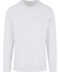 A plain white long-sleeve crew neck T-shirt is displayed against a white background, featuring no visible logos, patterns, or embellishments.