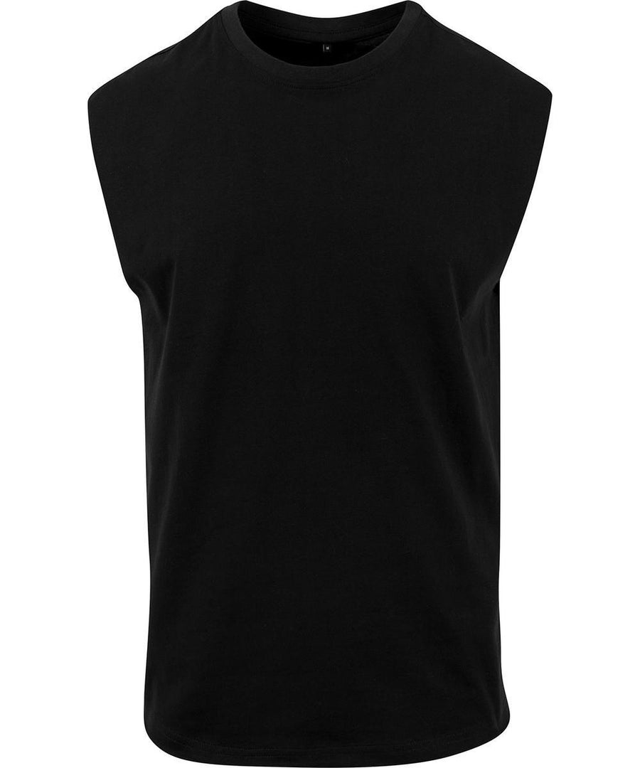 A sleeveless black T-shirt top is shown on a white background, featuring a crew neckline and straight hem with a plain design.