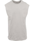 A plain, light grey T-shirt with a crew neckline and wide armholes is shown on a white background. It is sleeveless, features no logos or patterns, and offers a simple, minimalist look.