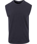 Sleeveless black crew neck T-shirt laid flat on a white background, front view shown. The T-shirt is plain with no logos, graphics, or patterns visible.