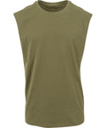 Olive green T-shirt with crew neckline, sleeveless design, loose fit, and wide armholes, shown against a white background.
