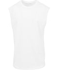 A sleeveless white T-shirt top is shown against a plain white background, featuring a round neckline and a loose, casual fit.