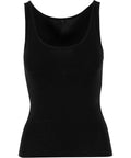 A black sleeveless vest (singlet) with a scoop neckline is displayed on a white background.