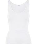 The Vests (vest) is a plain white sleeveless vest with a scoop neckline and fitted shape, shown on a white background. It features no logos or patterns.