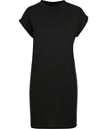 A plain black short-sleeve dress from Dresses is shown against a white background, featuring a crew neckline, rolled sleeves, and a simple straight-cut silhouette.