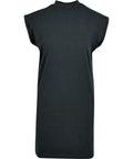 A plain black sleeveless dress called "Dresses" is laid flat on a white background. It features a crew neckline and wide, rolled sleeves, with no visible designs, patterns, or logos.