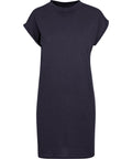 The Dresses product is a plain, short-sleeved dark navy t-shirt dress with a crew neck, straight fit, and rolled sleeve cuffs, displayed against a white background.