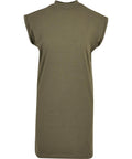 A short-sleeve, olive green dress with a crew neckline and rolled cuffs is displayed from the front on a white background.