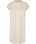 A plain knee-length beige dress from the Dresses collection, featuring short sleeves, a round neckline, and rolled cuffs, showcased on a white background.