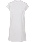 A short-sleeved, plain white Dresses product with a round neckline and rolled cuffs is shown from the front on a white background.
