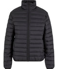 The "Jackets" product is a black, quilted puffer jacket with a high collar, front zip, horizontal stitching, and two side pockets, shown against a plain white background.