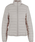 Jackets: Light grey puffer jacket with horizontal quilting, front zip, high collar, and side pockets. Features a minimalist design in lightweight material.
