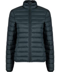 A dark green Jackets puffer with horizontal quilting, a stand-up collar, and front zip fastening is displayed on a plain white background.