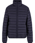 A navy blue Jackets puffer with horizontal quilting, front zip fastening, and high collar, shown against a plain white background.