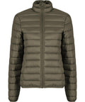 A front view of the Jackets product in olive green, featuring a puffer style with horizontal quilted stitching, a high collar, zip-up fastening, and long sleeves. No visible branding or additional features are present.