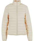 The Jackets is a light beige, quilted puffer with long sleeves, front zip fastening, stand-up collar, horizontal stitching, and a minimalist design.