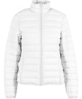 The Jackets product features a plain white puffer design with horizontal quilted stitching, high collar, front zip fastening, and elasticated cuffs and hem, displayed on a plain white background.